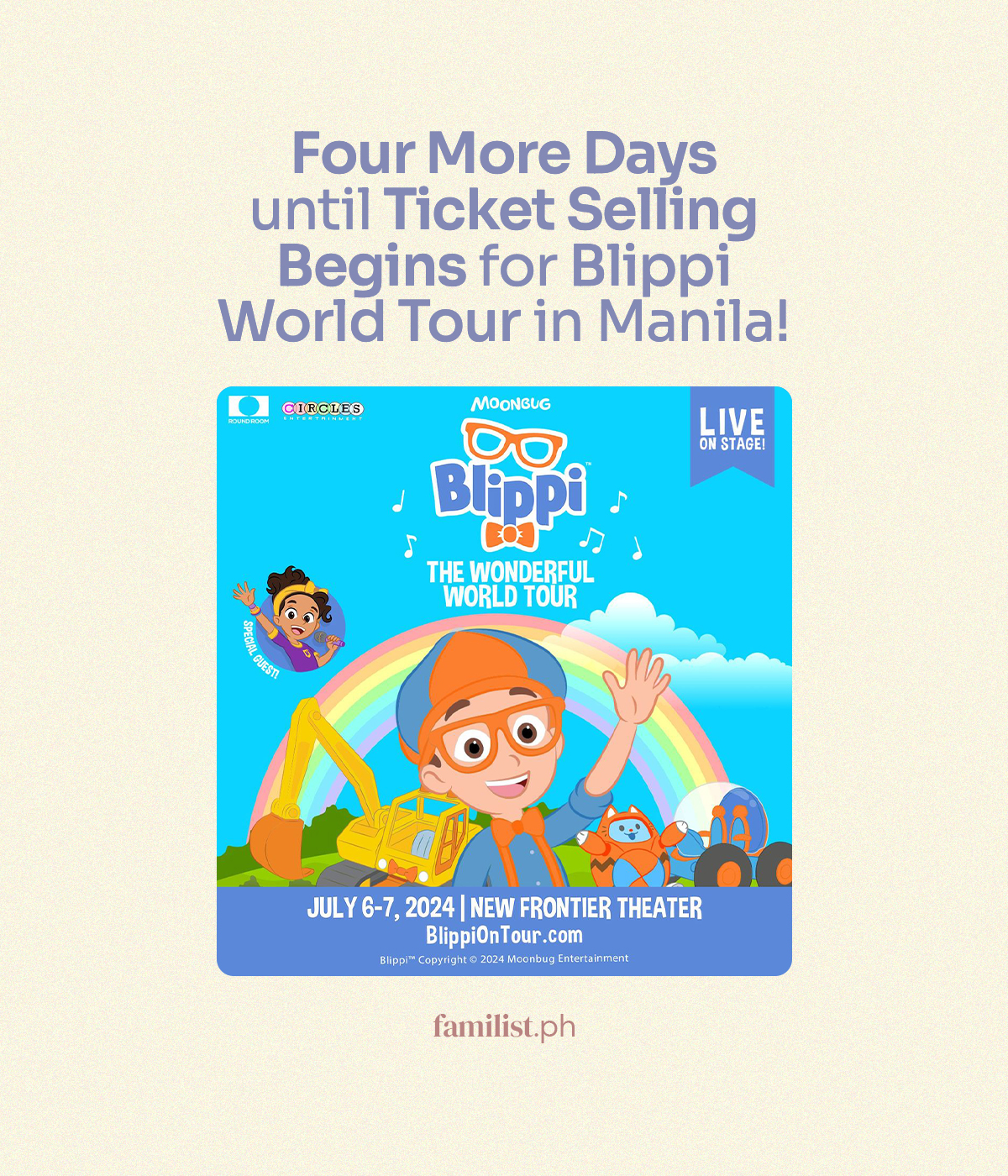Four More Days until Ticket Selling Begins for Blippi World Tour in Manila